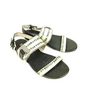 Michael Kors Guiliana Flat Sandals 6 M Black Ivory Leather Snake Silver Logo